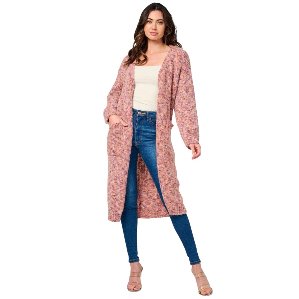 Pink Marled Confetti Longline Cardigan Sweater Open Front Cozy Duster (S/M/L)